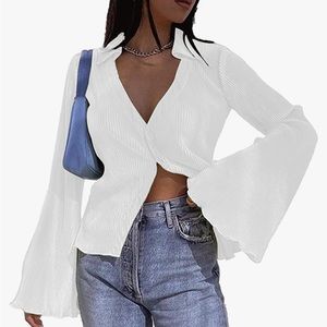 Deep V Neck Button Front Bell Long Sleeve Blouse Shirt Top